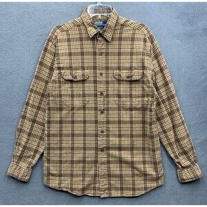 VTG Polo Ralph Lauren Mens Seersucker G.I. Shirt Brown Plaid Button Front Medium
